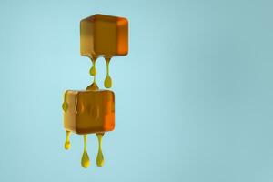 Melting honey cube with liquid drop details, 3d rendering photo