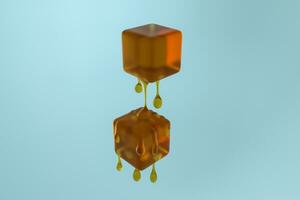 Melting honey cube with liquid drop details, 3d rendering photo