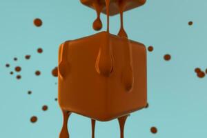 Melting chocolate cube with liquid drop details, 3d rendering photo