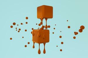 Melting chocolate cube with liquid drop details, 3d rendering photo