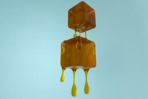 Melting honey cube with liquid drop details, 3d rendering photo