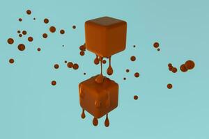 Melting chocolate cube with liquid drop details, 3d rendering photo