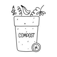 Compost bin icon. Hand drawn doodle style. Vector illustration isolated on white. Coloring page.