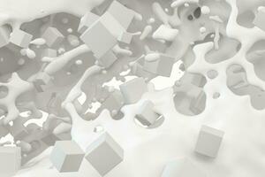 Purity splashing milk with flying cubes, 3d rendering. photo