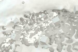 Purity splashing milk with flying cubes, 3d rendering. photo