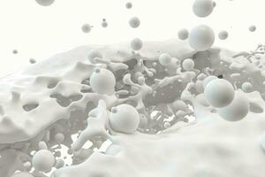 Purity splashing milk with flying spheres, 3d rendering. photo