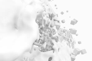 pureza salpicaduras Leche con volador cubitos, 3d representación. foto