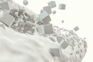 Purity splashing milk with flying cubes, 3d rendering. photo