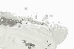 Purity splashing milk with flying cubes, 3d rendering. photo