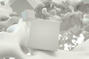 Purity splashing milk with flying cubes, 3d rendering. photo