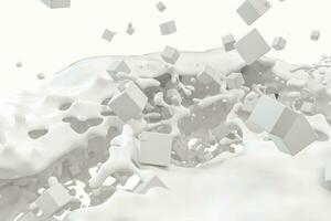 Purity splashing milk with flying cubes, 3d rendering. photo