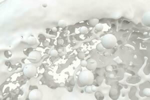 Purity splashing milk with flying spheres, 3d rendering. photo