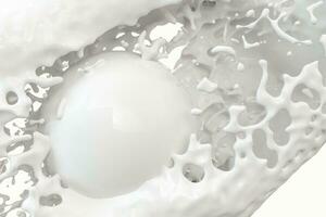 Purity splashing milk with flying spheres, 3d rendering. photo