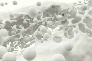 Purity splashing milk with flying spheres, 3d rendering. photo