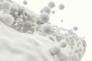 Purity splashing milk with flying spheres, 3d rendering. photo