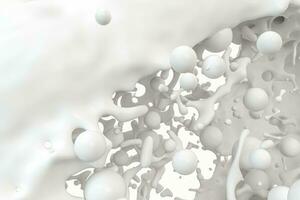 Purity splashing milk with flying spheres, 3d rendering. photo