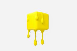 Yellow melting cube with liquid drop details, 3d rendering photo