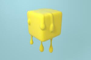 Yellow melting cube with liquid drop details, 3d rendering photo