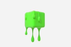 Green melting cube with liquid drop details, 3d rendering photo