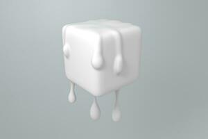 White melting cube with liquid drop details, 3d rendering photo