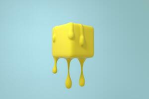 Yellow melting cube with liquid drop details, 3d rendering photo