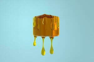 Melting honey cube with liquid drop details, 3d rendering photo