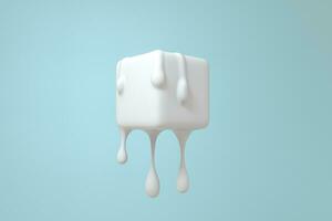 White melting cube with liquid drop details, 3d rendering photo