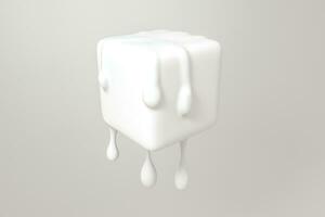 White melting cube with liquid drop details, 3d rendering photo