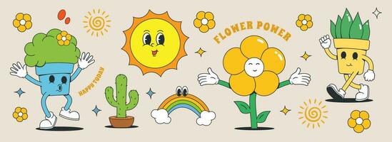 Set of 70s groovy character and element. plants collection vector illustration