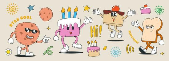 Set of 70s groovy character and element. cake collection, birthday cake, white bread, biscuits. vector illustration