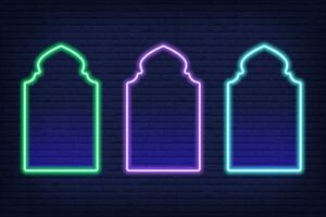 Neon Ramadan islamic frame. Vector arch shapes on dark background. Muslim door and window. Arabian bright template set.