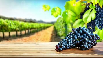 Wooden table with fresh red grapes and free space on nature blurred background, vineyard field. Generated AI. photo