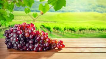 Wooden table with fresh red grapes and free space on nature blurred background, vineyard field. Generated AI. photo