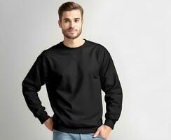 Young man wearing blank black sweater mockup print presentation mockup ai generate photo