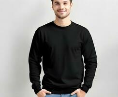 Young man wearing blank black sweater mockup print presentation mockup ai generate photo