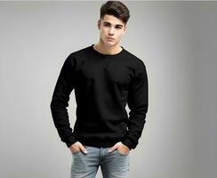 Young man wearing blank black sweater mockup print presentation mockup ai generate photo