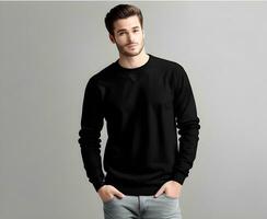 Young man wearing blank black sweater mockup print presentation mockup ai generate photo