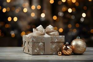 Gift box with golden christmas balls. Generative AI. photo