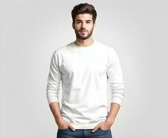 Young man wearing blank white sweater mockup print presentation mockup ai generate photo