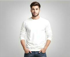 Young man wearing blank white sweater mockup print presentation mockup ai generate photo