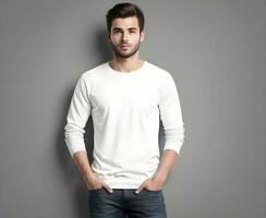 Young man wearing blank white sweater mockup print presentation mockup ai generate photo