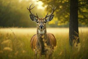 a cute deer stands gracefully and looks directly at the camera photo