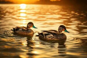 un cisne nadando en un lago a puesta de sol. foto