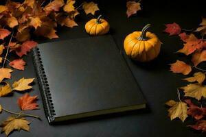 un negro cuaderno con otoño hojas y un pequeño calabaza. foto