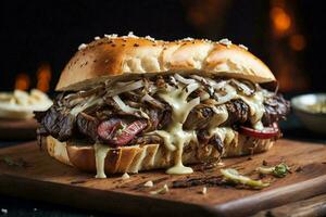 Food Photography of a juicy hamburger with crisp lettuce and melted cheese, perfectly stacked between two toasted buns. photo