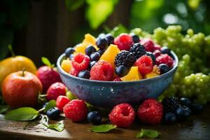 Food Photography of a bowl filled with a colorful assortment of fresh organic fruits. photo
