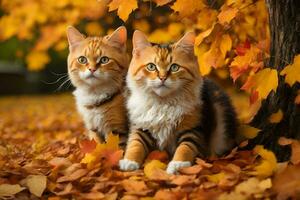 dos juguetón gatos en un vibrante otoño configuración, rodeado por un vistoso alfombra de caído hojas. foto
