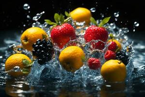 a photo realistic image of a bunch of fruits splashing into water.