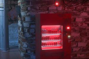 A retro street with vending machines on the side of the road at night, 3d rendering. photo