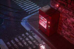 A retro street with vending machines on the side of the road at night, 3d rendering. photo